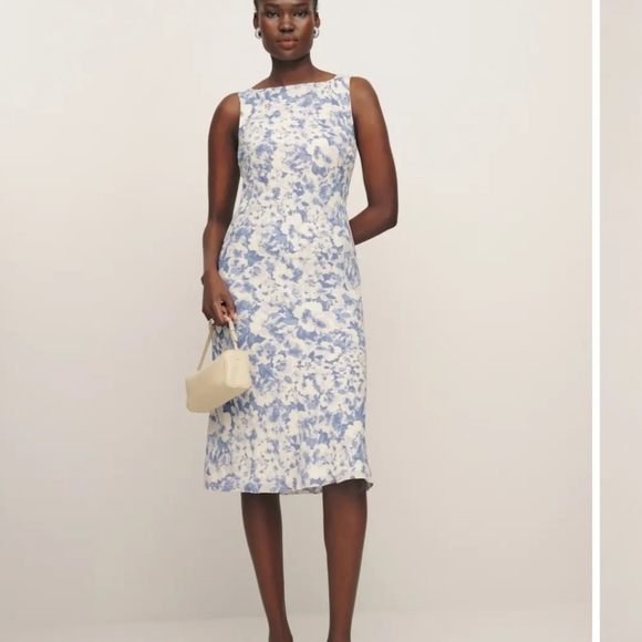 Reformation NWOT Topanga Blue Off White Floral Midi Sleevless Georgette Dress L - Picture 13 of 16